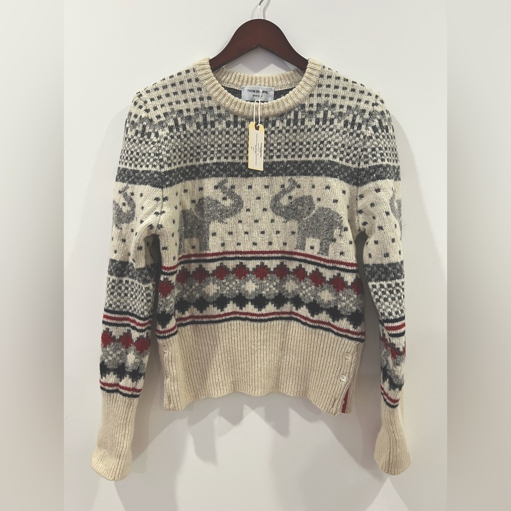 Thom Browne season icon elephant fair isle crew neck pullover in mohair tweed